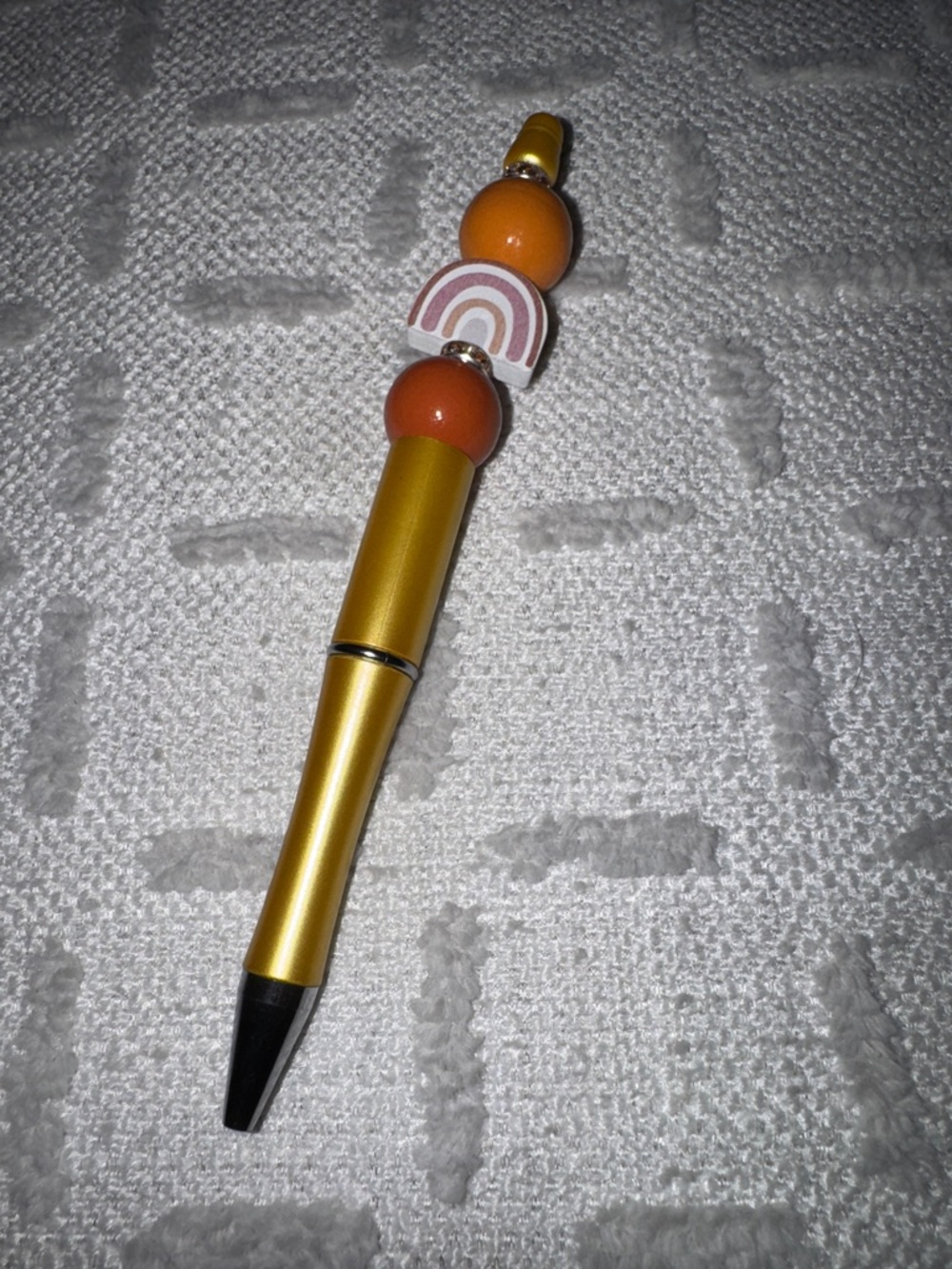 Gold Beaded Pen with Orange Accent and Rainbow Charm Handmade